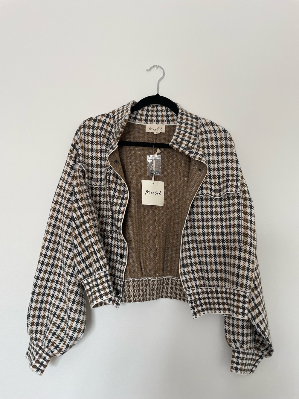 Marled Houndstooth Bomber Jacket in Brown & Cream